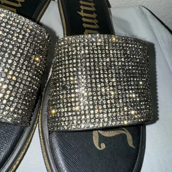 JUICY COUTURE YUMMY CRYSTAL SLIDES SANDALS FLIP FLOP BLACK GOLD size 6 - Picture 5 of 8